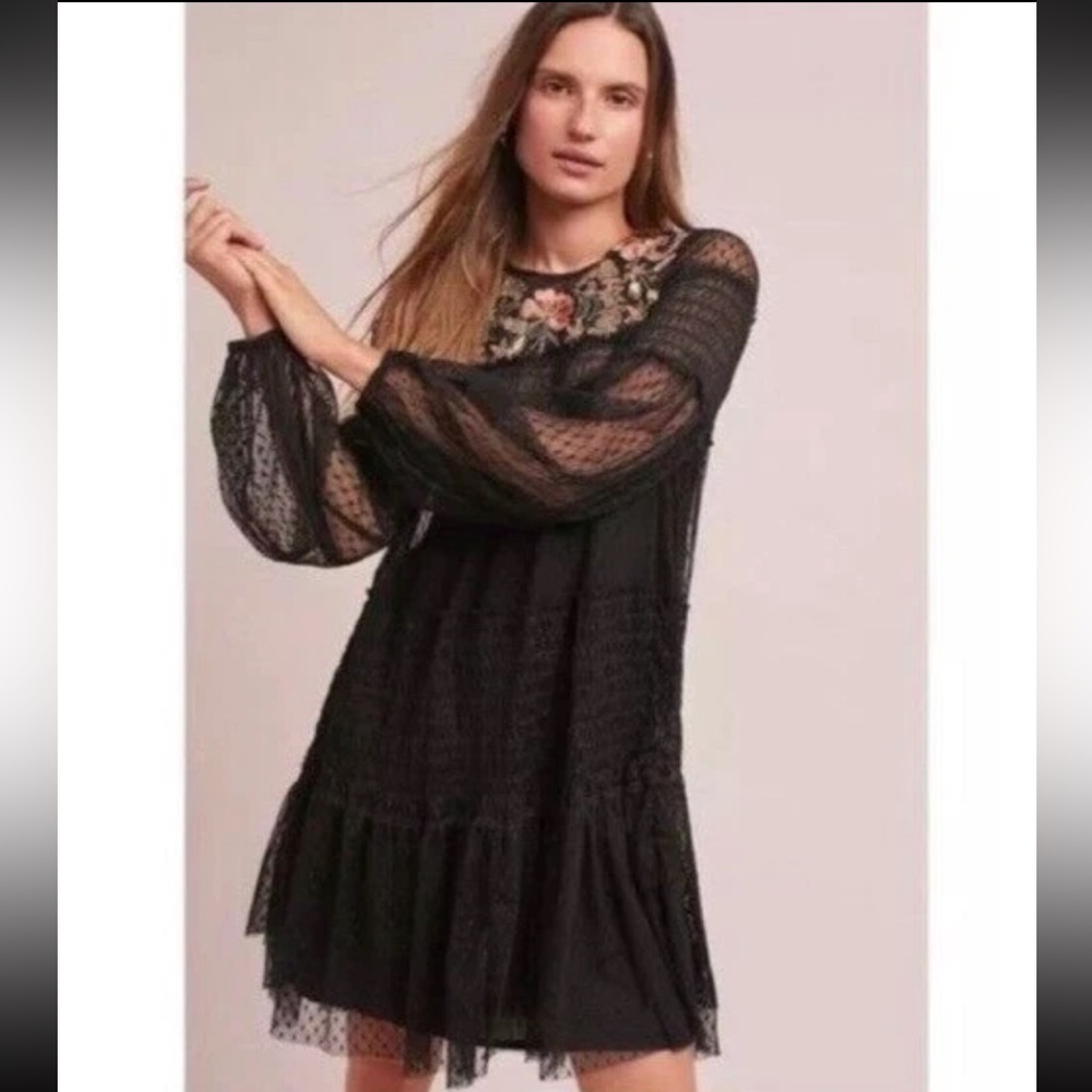 Maeve Black and Orange Embroidered Bishop Sleeve Sundress